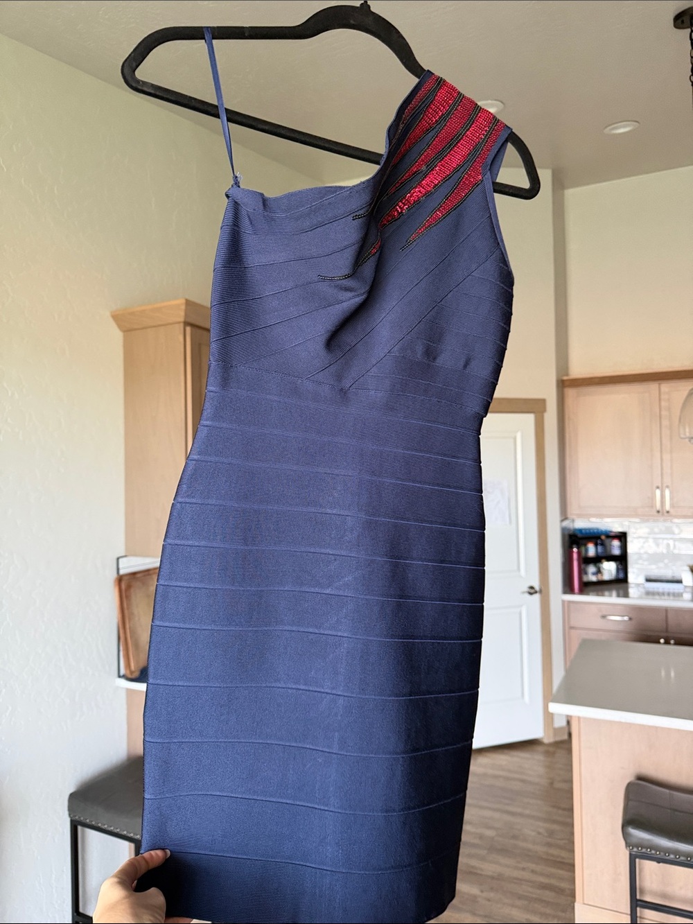 One-Shoulder Navy Dress with Red Accent